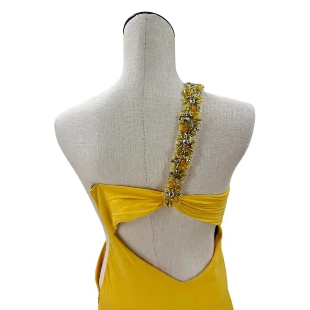 Sunshine Yellow Chiffon Draped Asymmetrical Strap Formal Gown - Picture 5 of 8